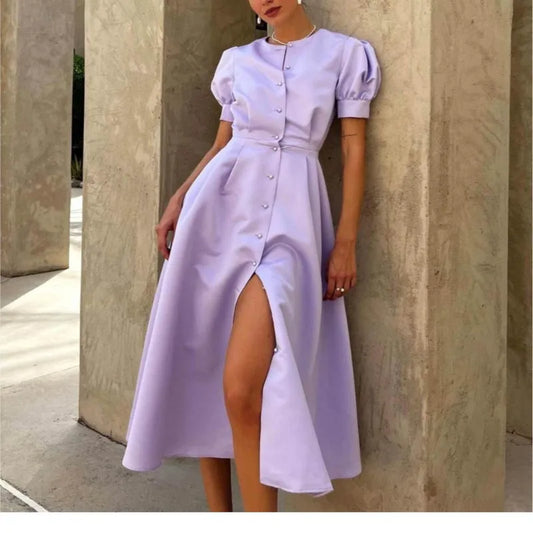 Button Midi Dress -Puff Sleeve