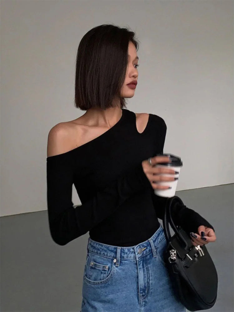 Skew Collar Off-shoulder Long-sleeved T-shirts Women