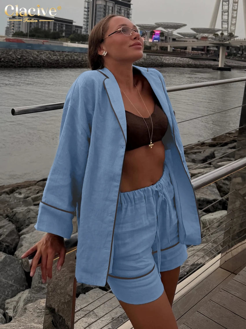 Blue Cotton Two Pieces Set -Long Sleeve Shirt With High Waist Shorts