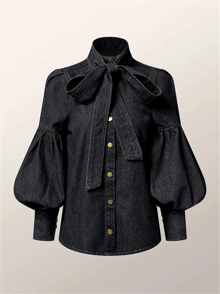 High Neck Blouses -Puff Sleeves Denim