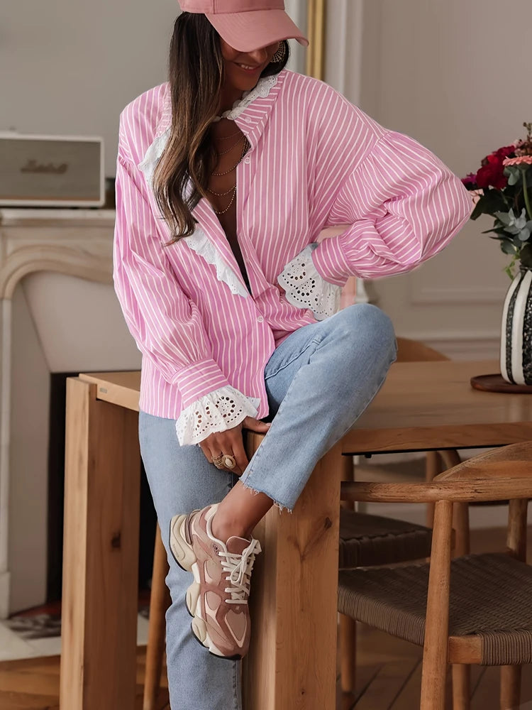 Relaxed-Fit Striped Lace-Panel Blouse