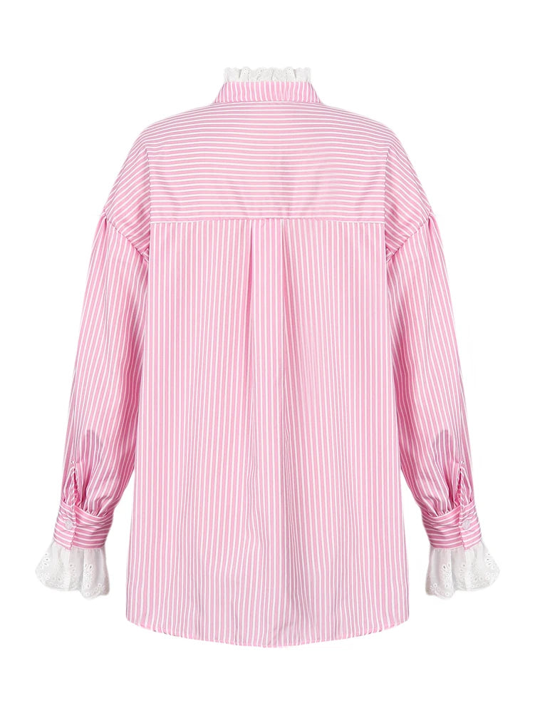 Relaxed-Fit Striped Lace-Panel Blouse
