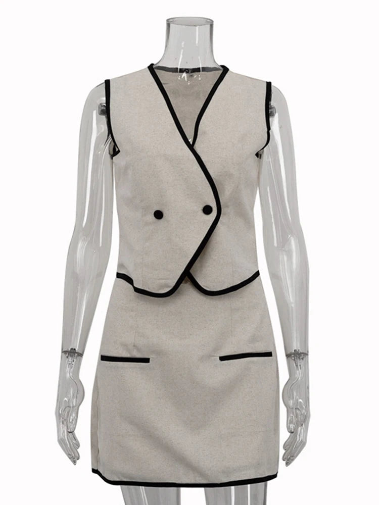 Set - Mini Skirt for summer office with  V-neck