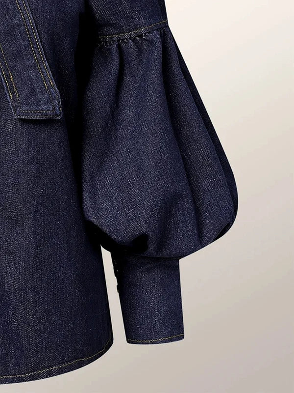 High Neck Blouses -Puff Sleeves Denim