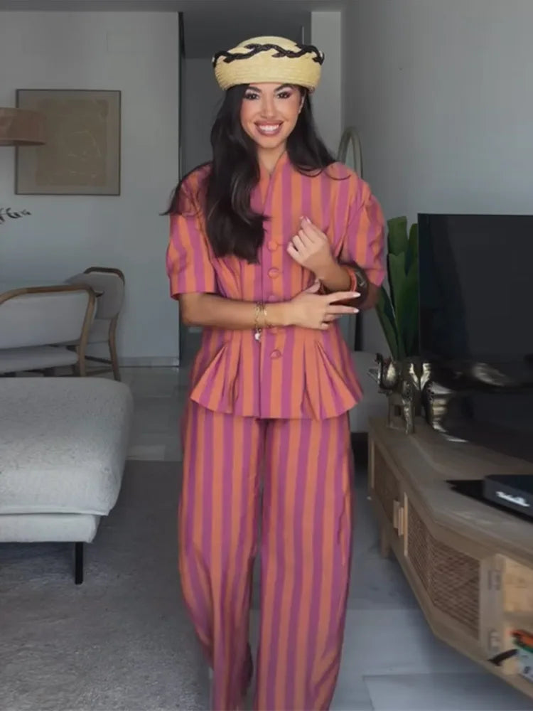 2 Pcs Sets- Striped Short Sleeve Office Lady Suits