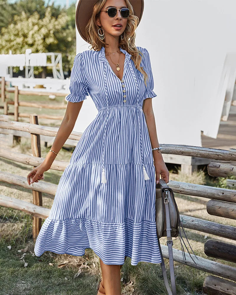 Striped Lantern Sleeve -Summer Dress