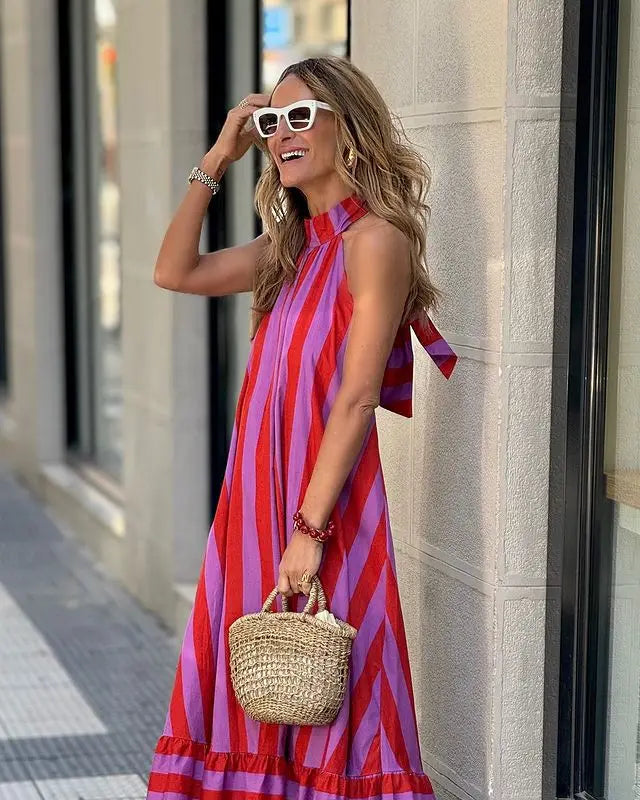 Print Neck Long Dresses-Vacation Dress