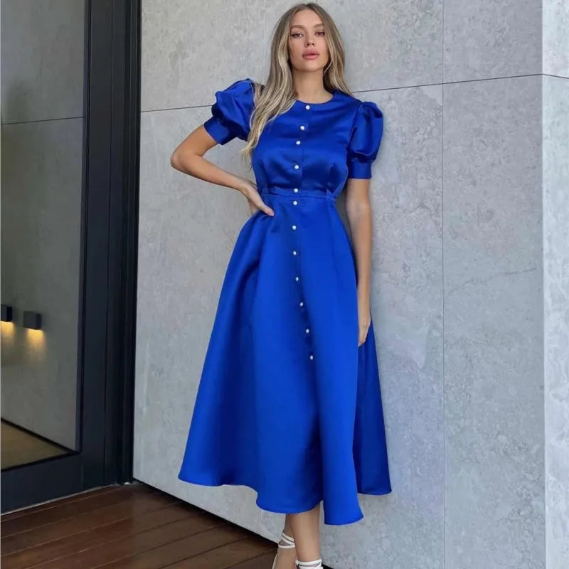 Button Midi Dress -Puff Sleeve