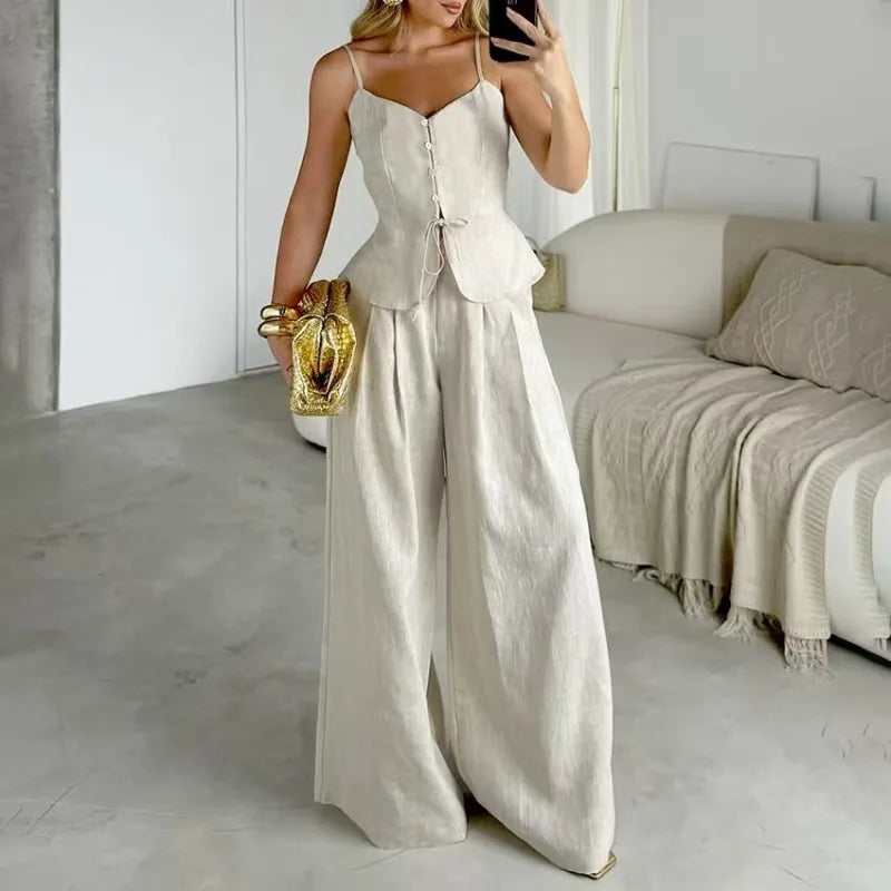 Spaghetti Cotton linen Strap -Length Pants Set