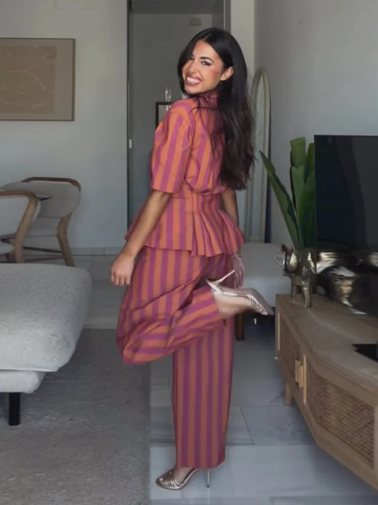 2 Pcs Sets- Striped Short Sleeve Office Lady Suits