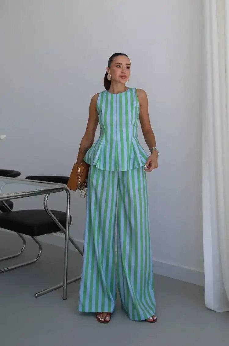 Sleeveless Peplum Top High Waist Wide Leg Pants Elegant Suit
