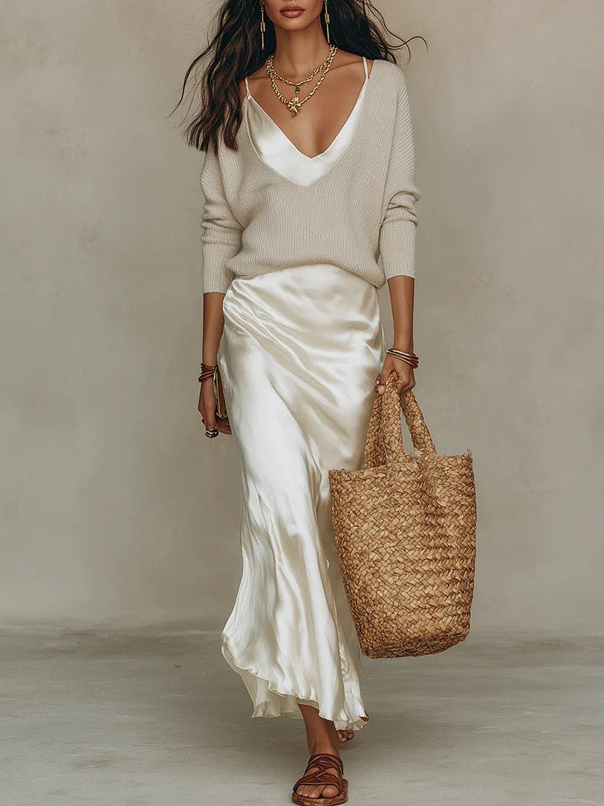 Satin Maxi Dress - Evening Dresses with Long Sleeve