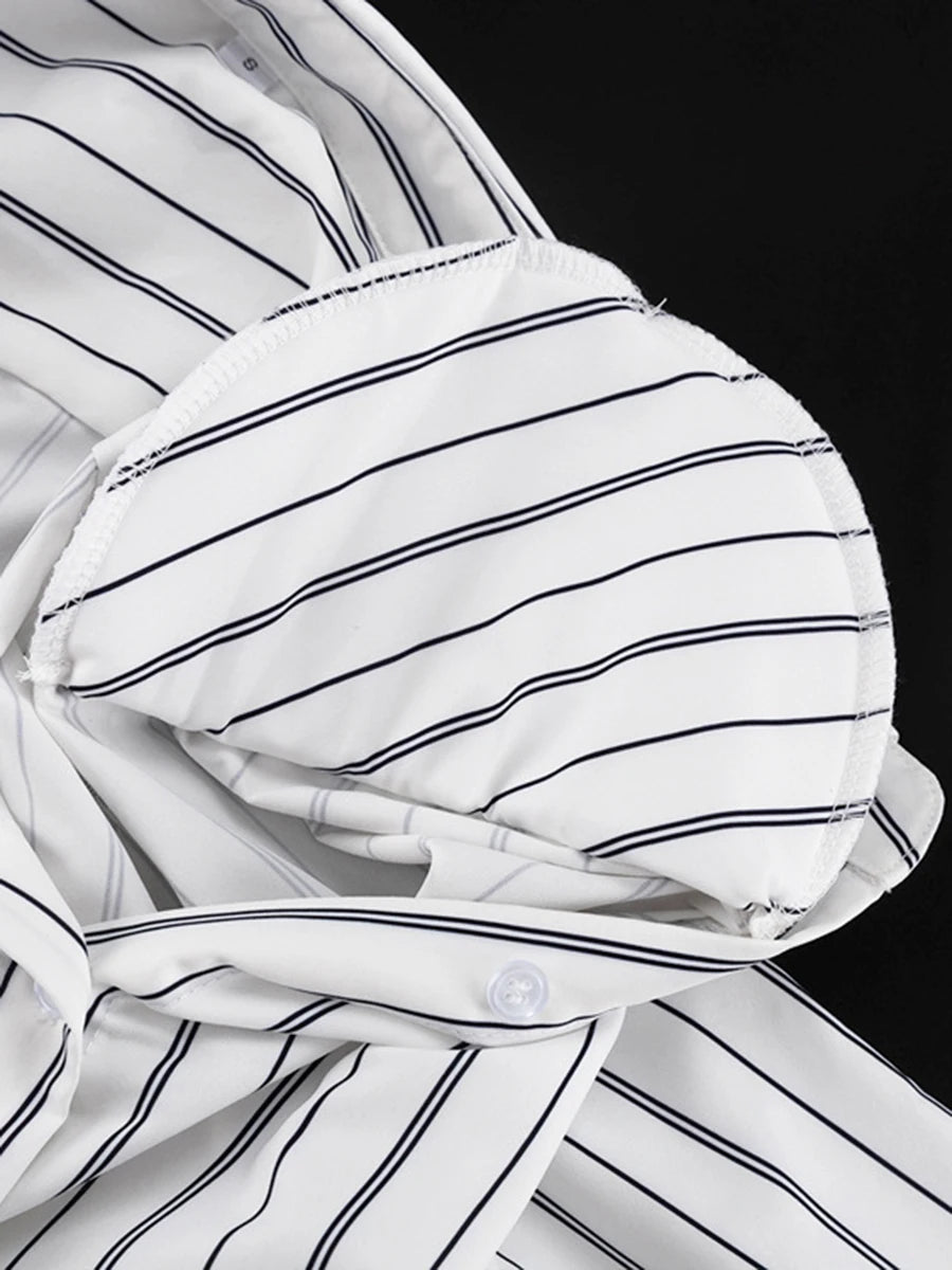 White Loose Spliced Striped Chic Shirts for Women