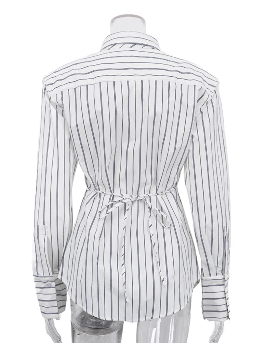 White Loose Spliced Striped Chic Shirts for Women