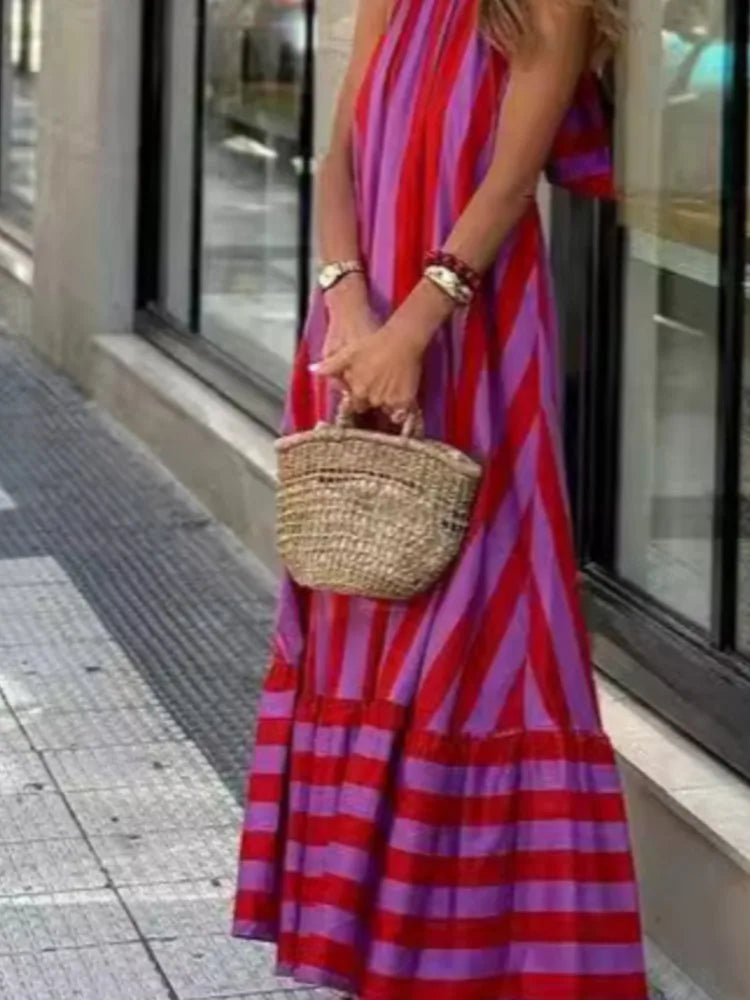 Print Neck Long Dresses-Vacation Dress