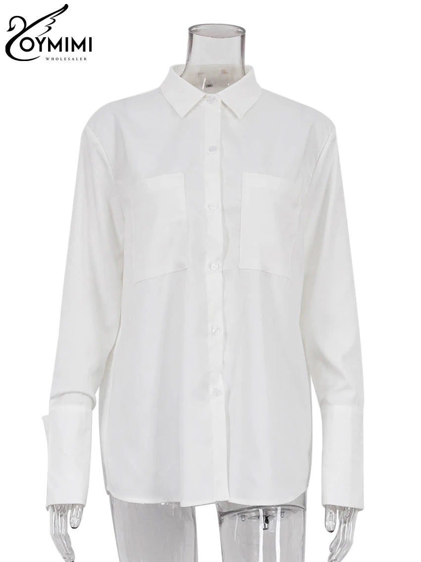 White Woman Blouse -Office Lady Shirts Casual Pockets