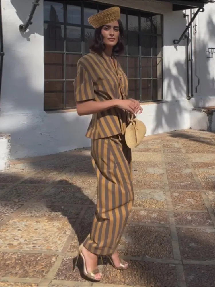 2 Pcs Sets- Striped Short Sleeve Office Lady Suits