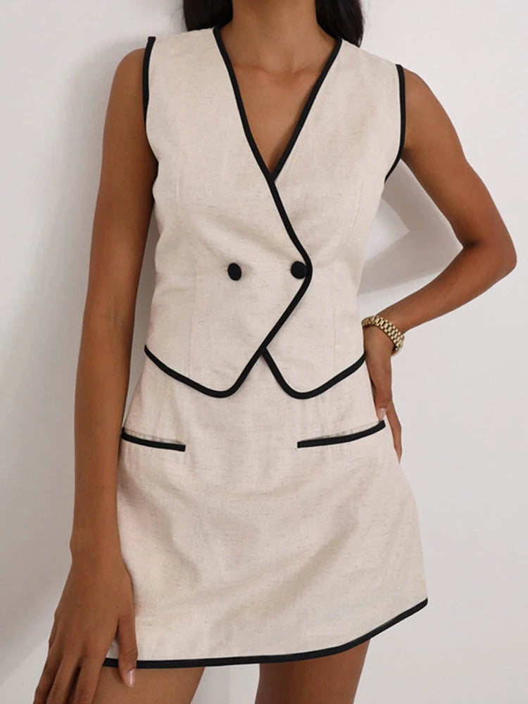 Set - Mini Skirt for summer office with  V-neck
