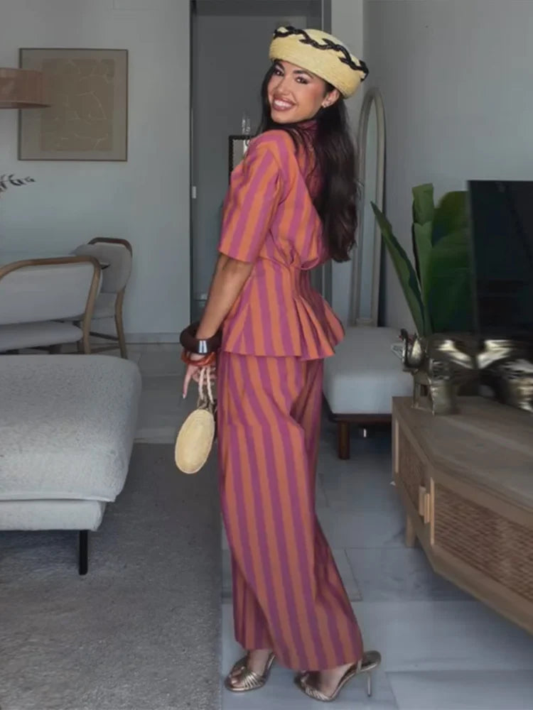 2 Pcs Sets- Striped Short Sleeve Office Lady Suits
