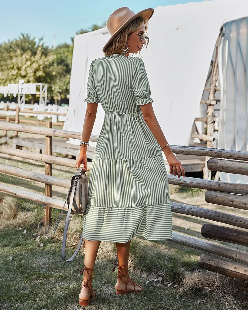 Striped Lantern Sleeve -Summer Dress