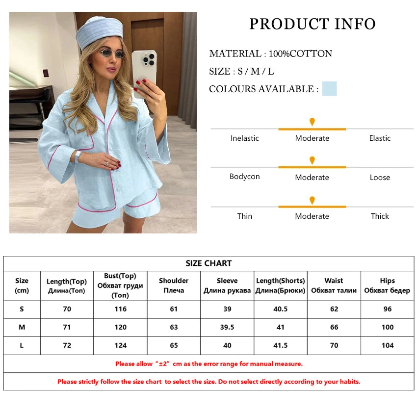 Blue Cotton Two Pieces Set -Long Sleeve Shirt With High Waist Shorts