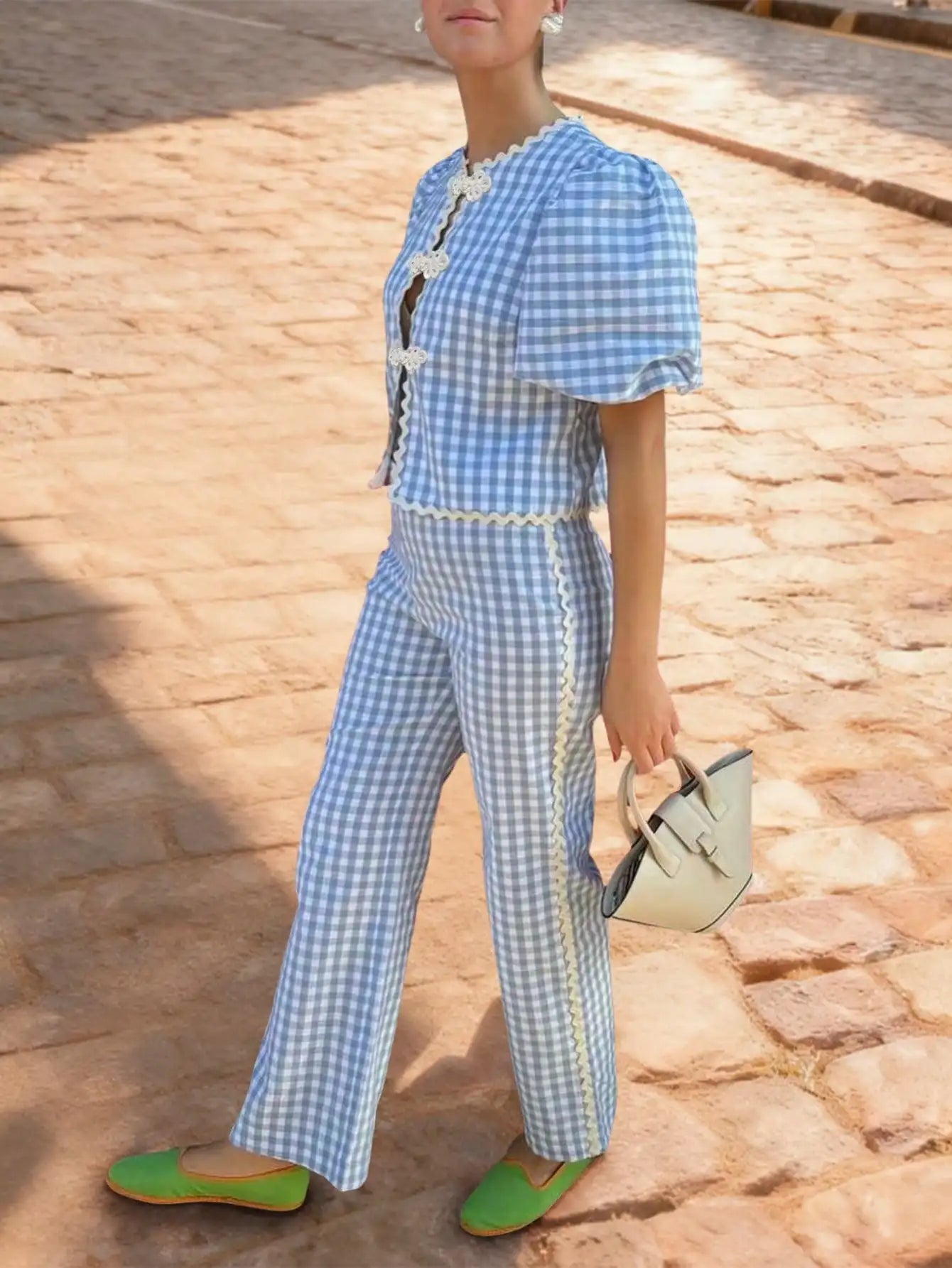 Two Piece Outfit - Puff Sleeve Lace Trim  Set
