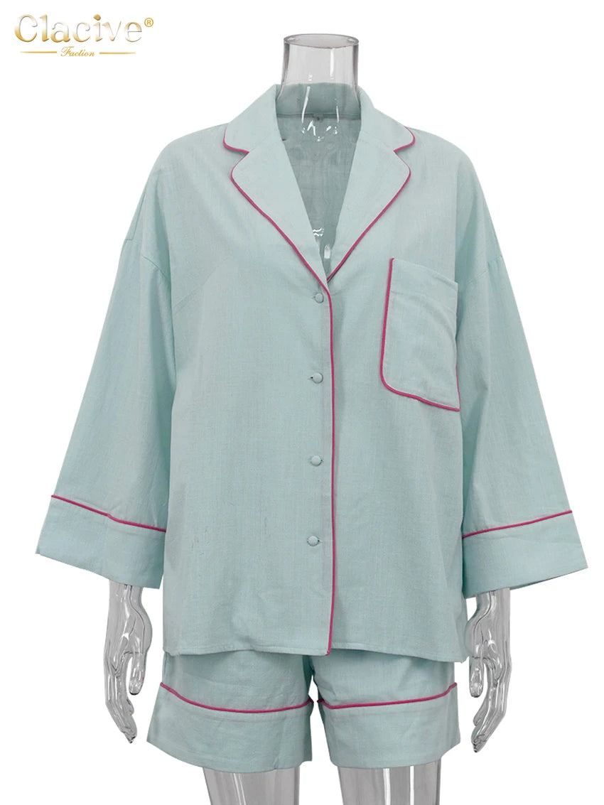 Blue Cotton Two Pieces Set -Long Sleeve Shirt With High Waist Shorts