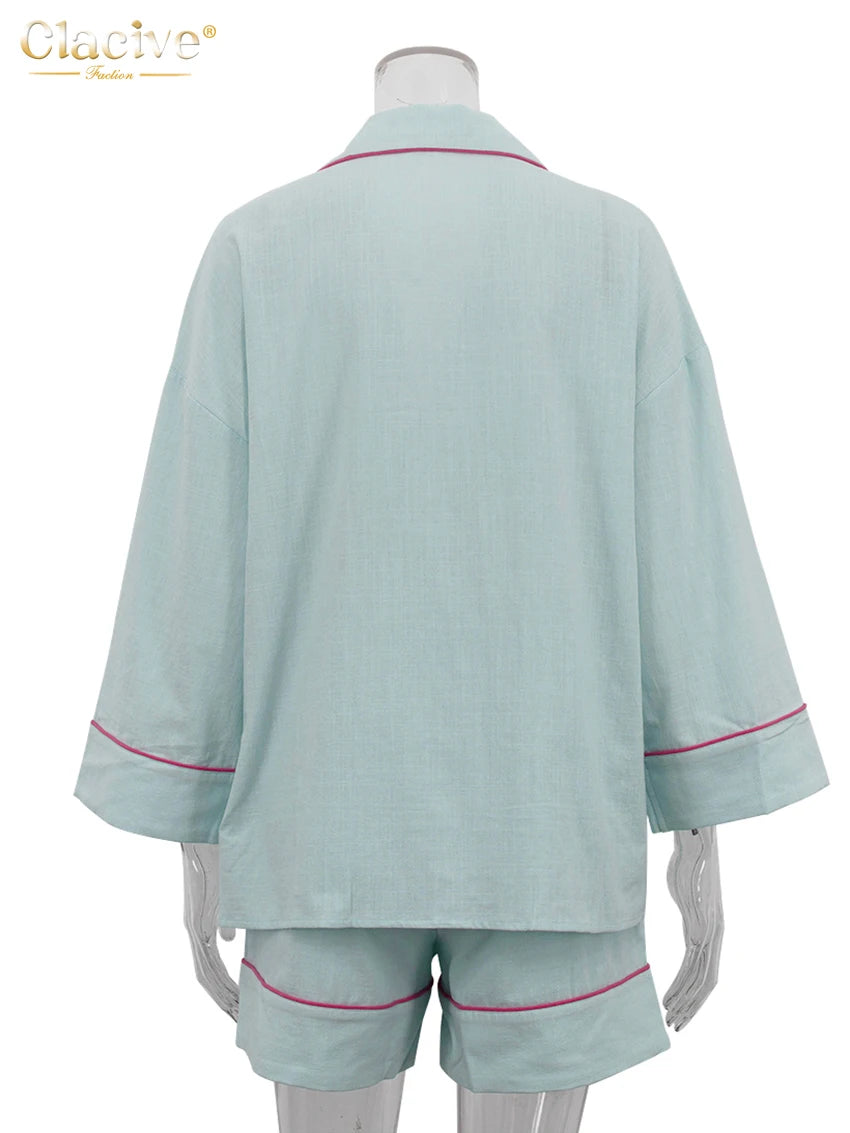 Blue Cotton Two Pieces Set -Long Sleeve Shirt With High Waist Shorts