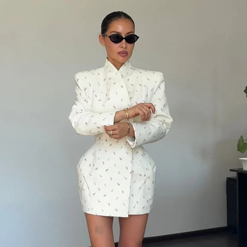 White Floral Shoulder Blazer- Long Sleeve