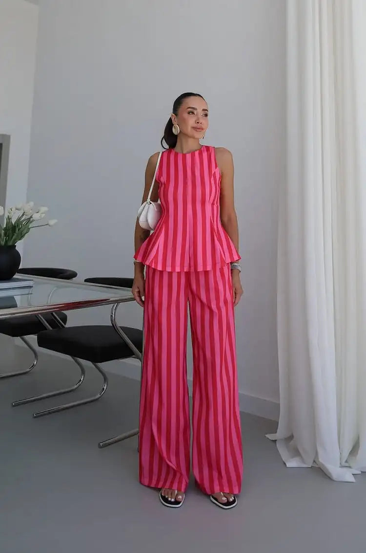 Sleeveless Peplum Top High Waist Wide Leg Pants Elegant Suit