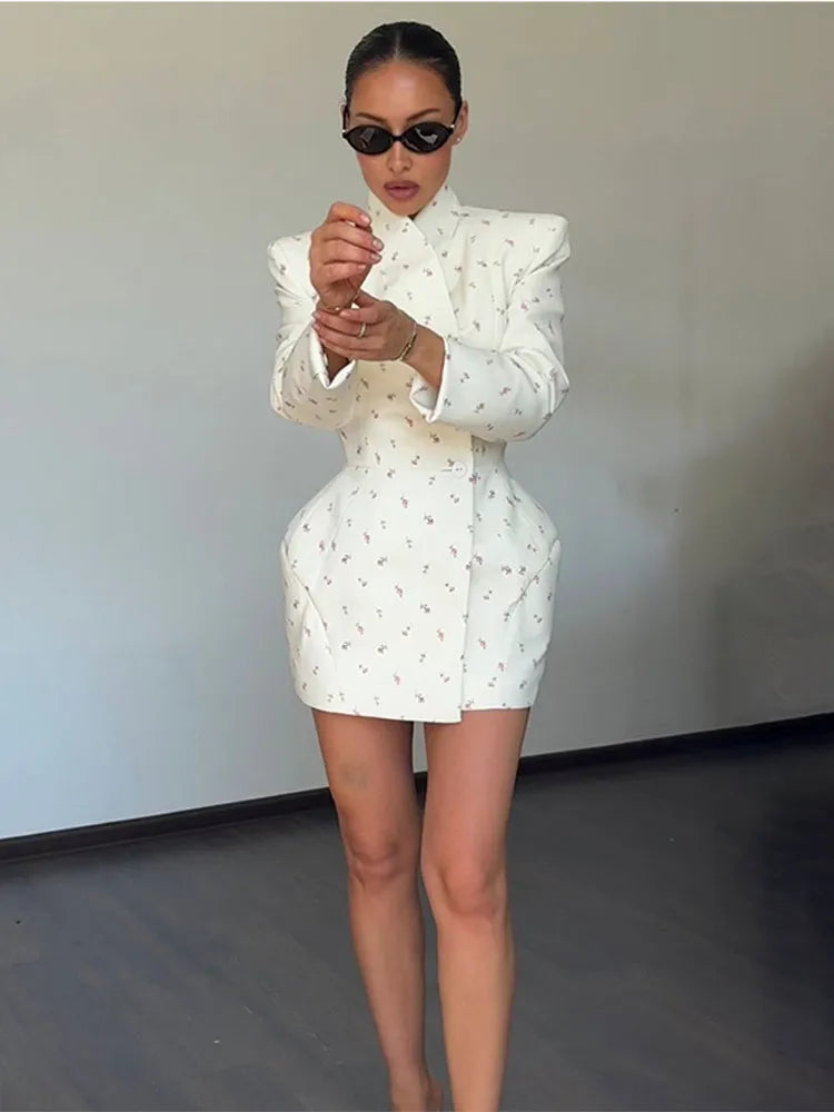 White Floral Shoulder Blazer- Long Sleeve