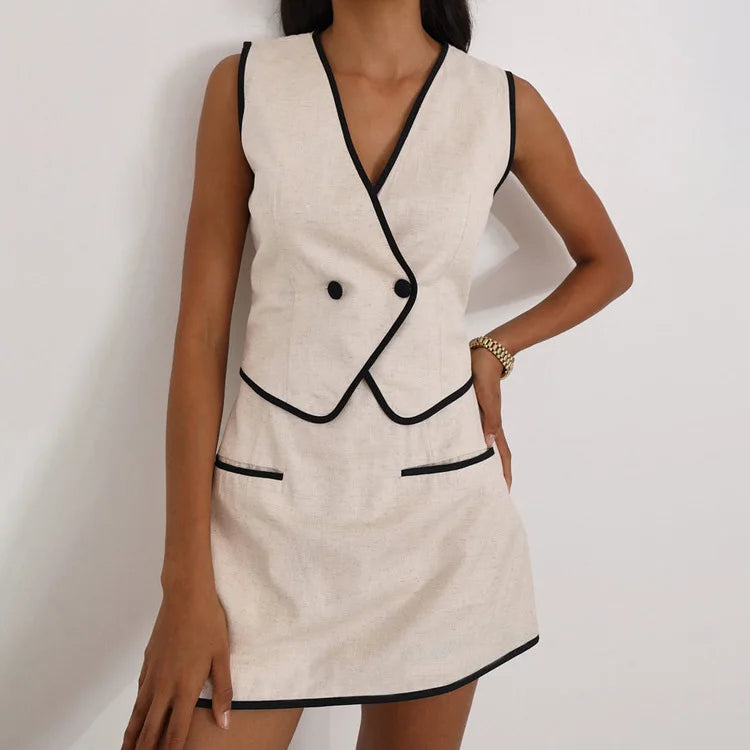 Set - Mini Skirt for summer office with  V-neck