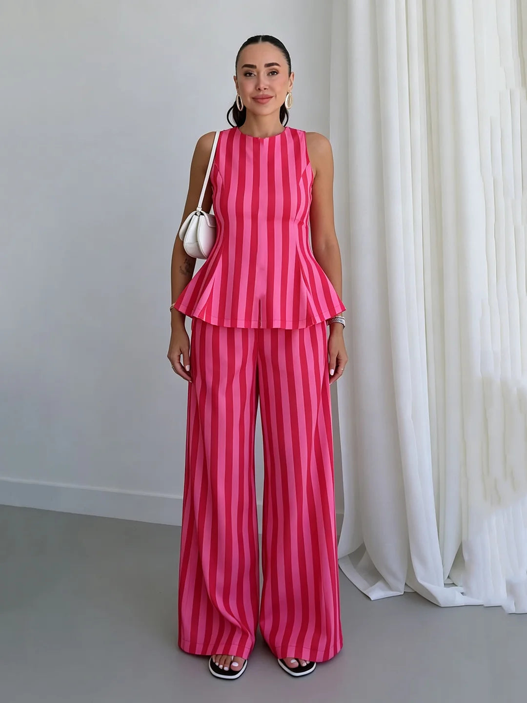 Sleeveless Peplum Top High Waist Wide Leg Pants Elegant Suit