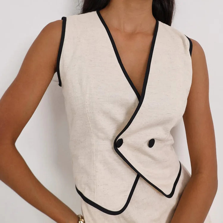 Set - Mini Skirt for summer office with  V-neck