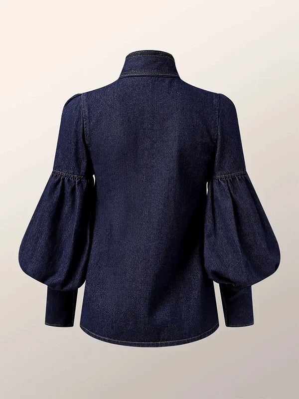 High Neck Blouses -Puff Sleeves Denim