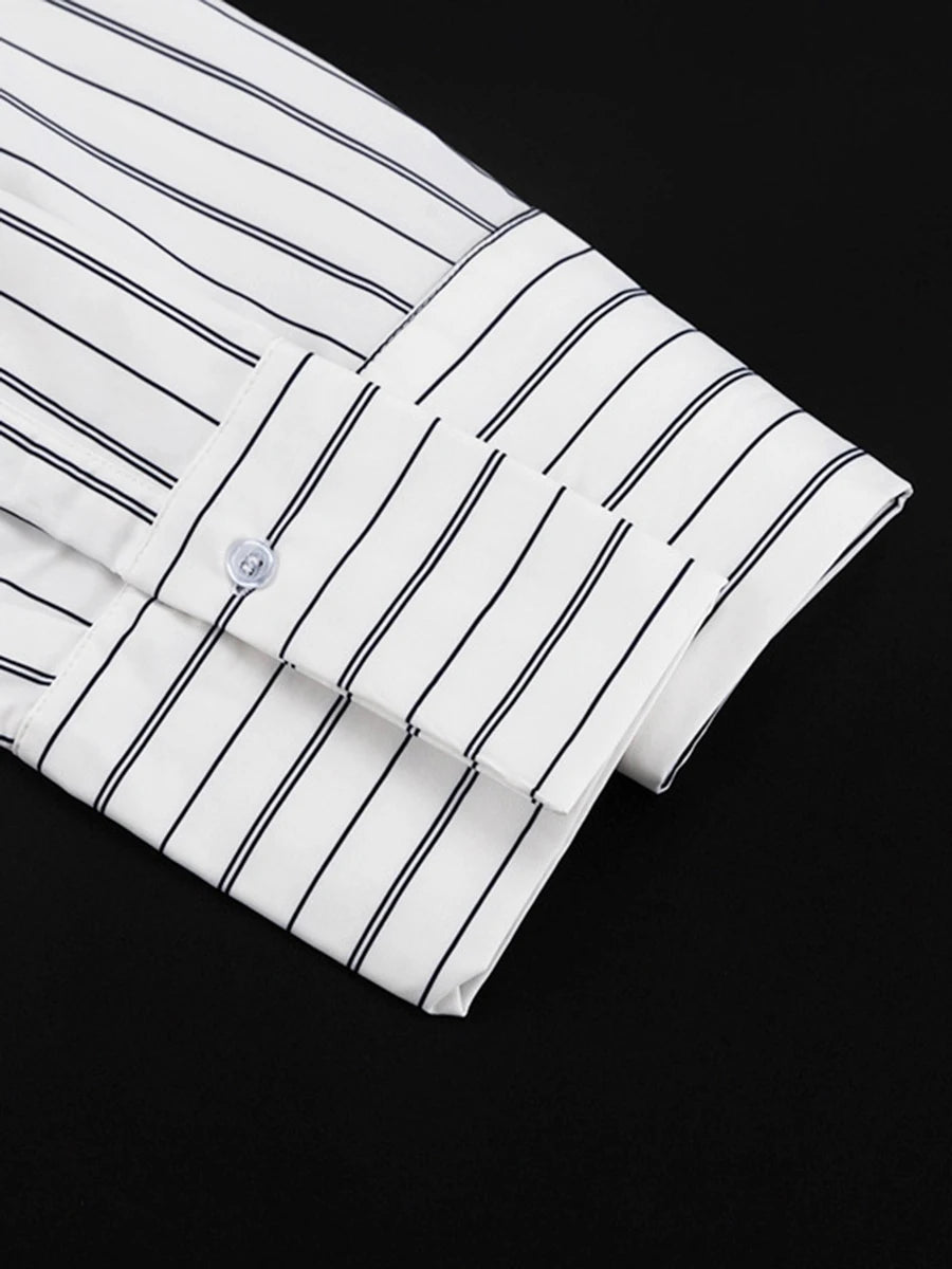 White Loose Spliced Striped Chic Shirts for Women