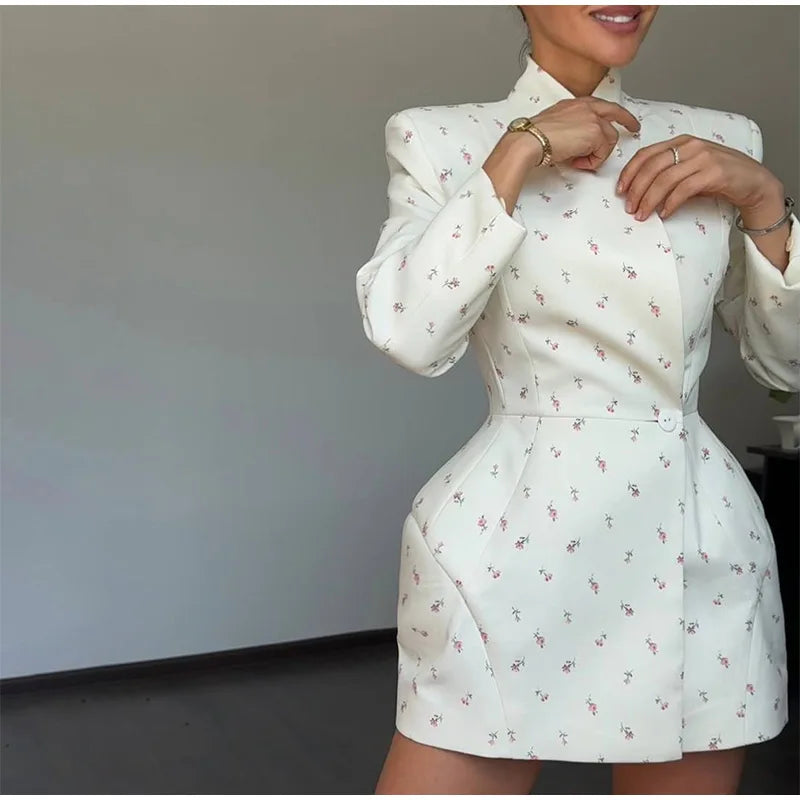 White Floral Shoulder Blazer- Long Sleeve