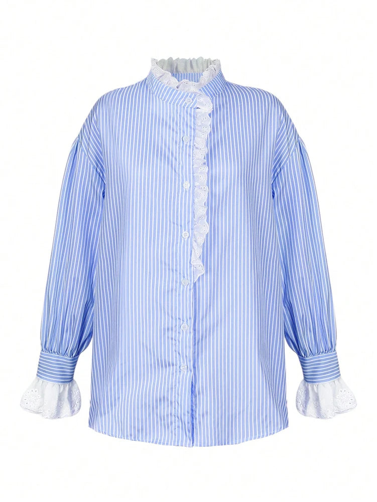 Relaxed-Fit Striped Lace-Panel Blouse