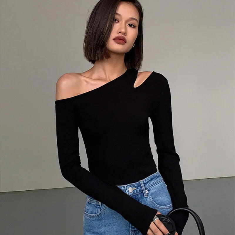 Skew Collar Off-shoulder Long-sleeved T-shirts Women