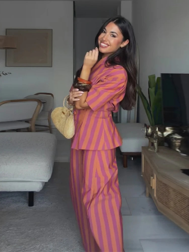 2 Pcs Sets- Striped Short Sleeve Office Lady Suits