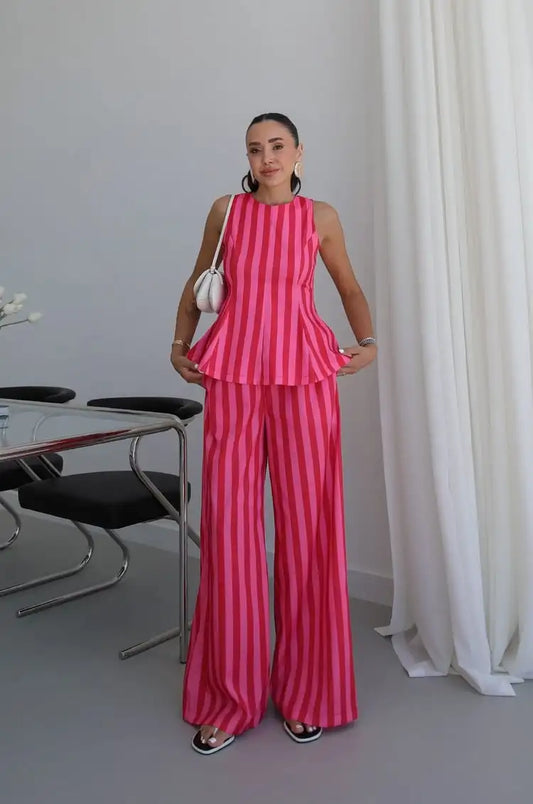 Sleeveless Peplum Top High Waist Wide Leg Pants Elegant Suit