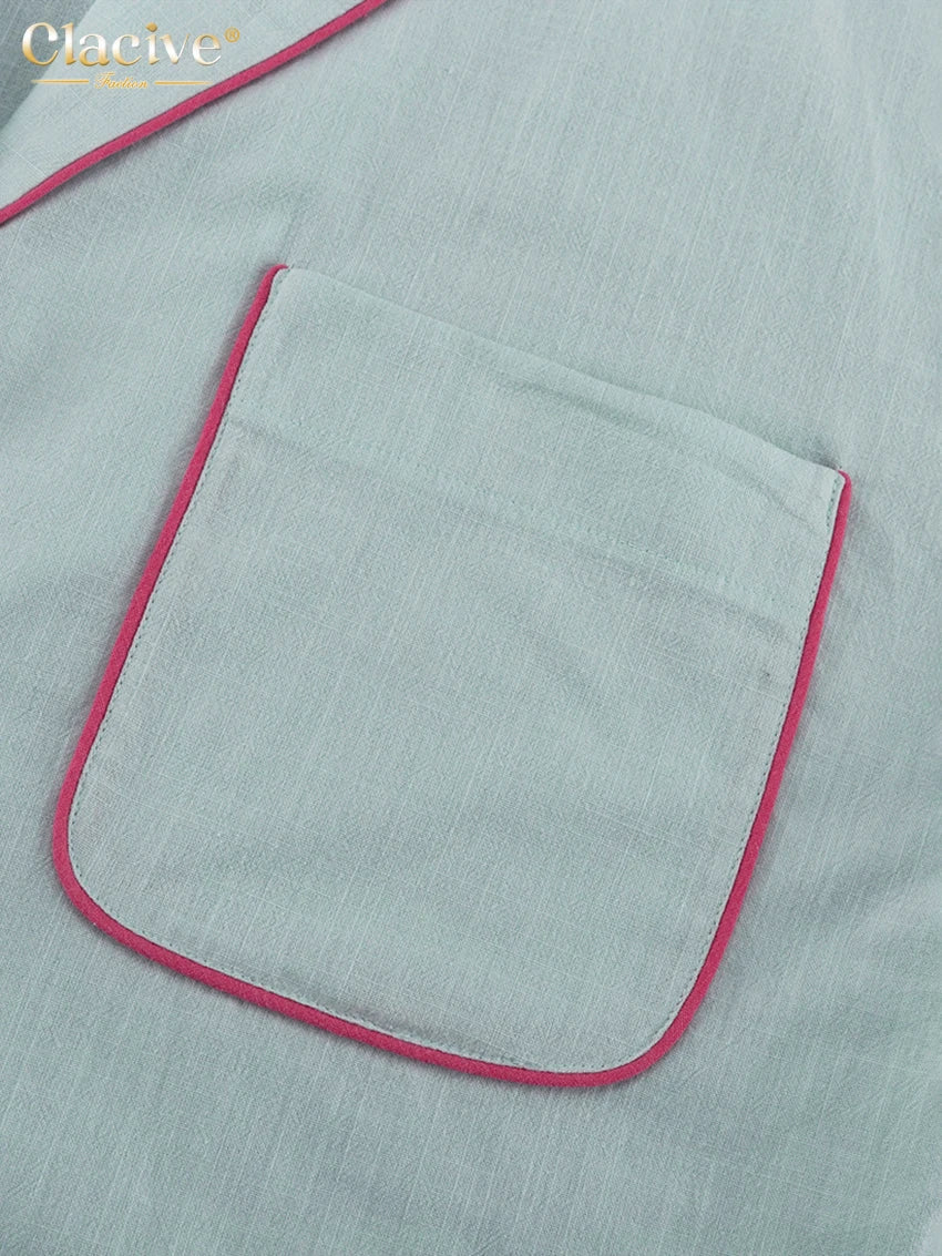 Blue Cotton Two Pieces Set -Long Sleeve Shirt With High Waist Shorts