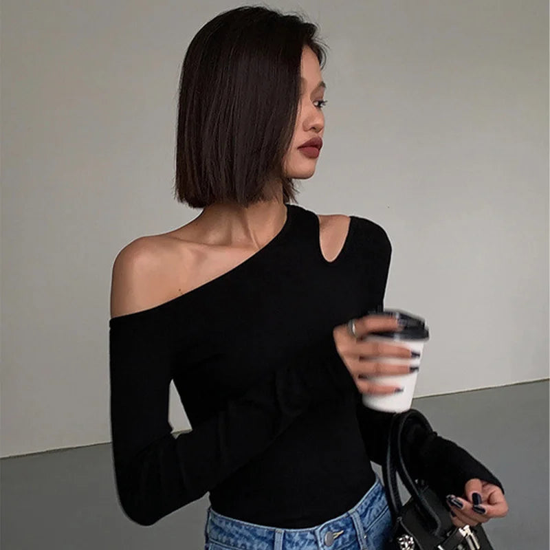 Skew Collar Off-shoulder Long-sleeved T-shirts Women