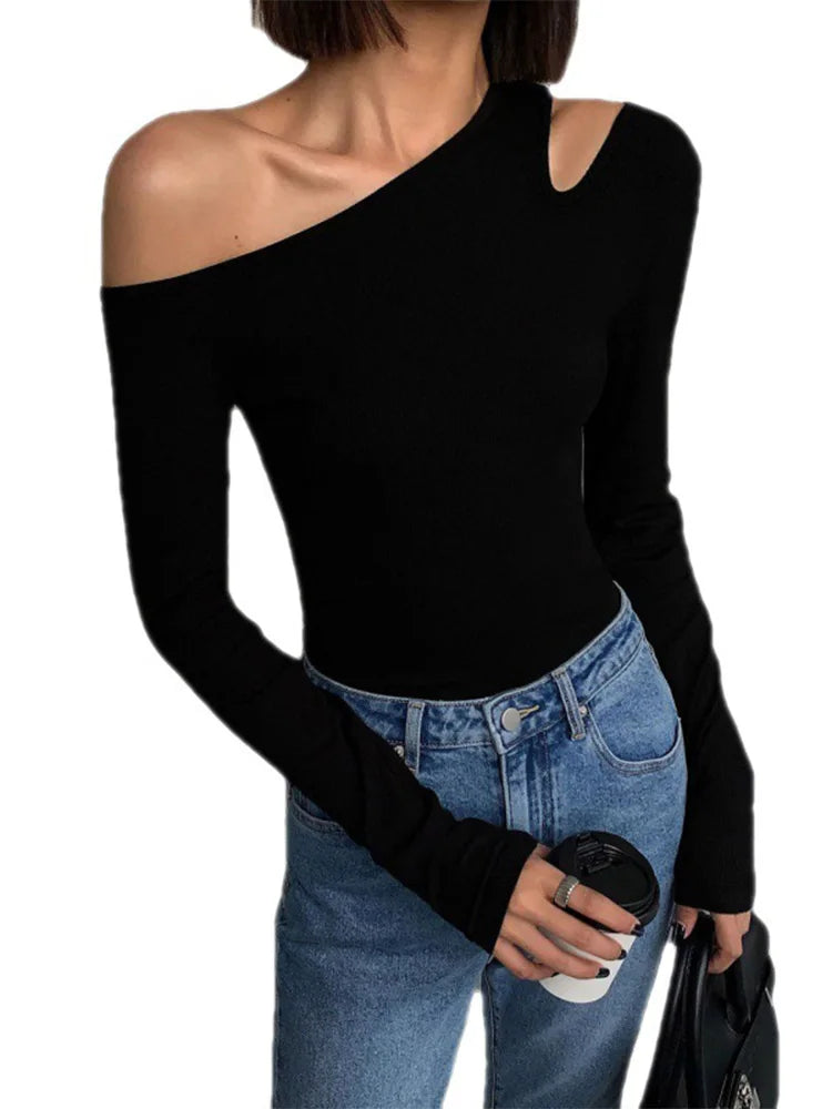 Skew Collar Off-shoulder Long-sleeved T-shirts Women