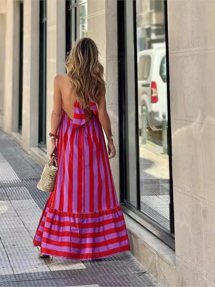 Print Neck Long Dresses-Vacation Dress