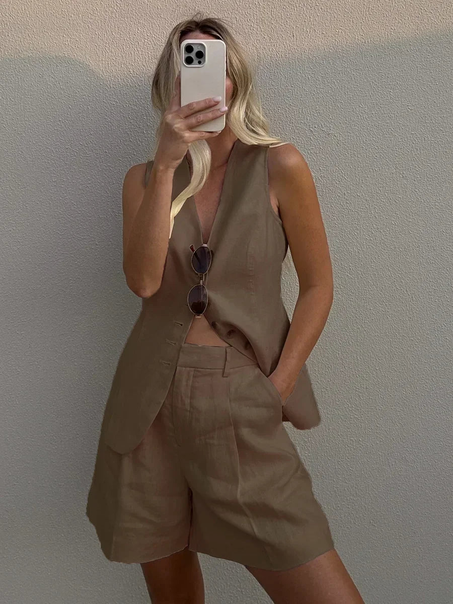 Cotton And Linen - Vest Shorts Set