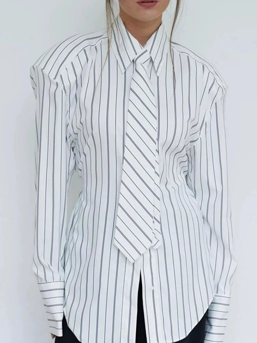 White Loose Spliced Striped Chic Shirts for Women