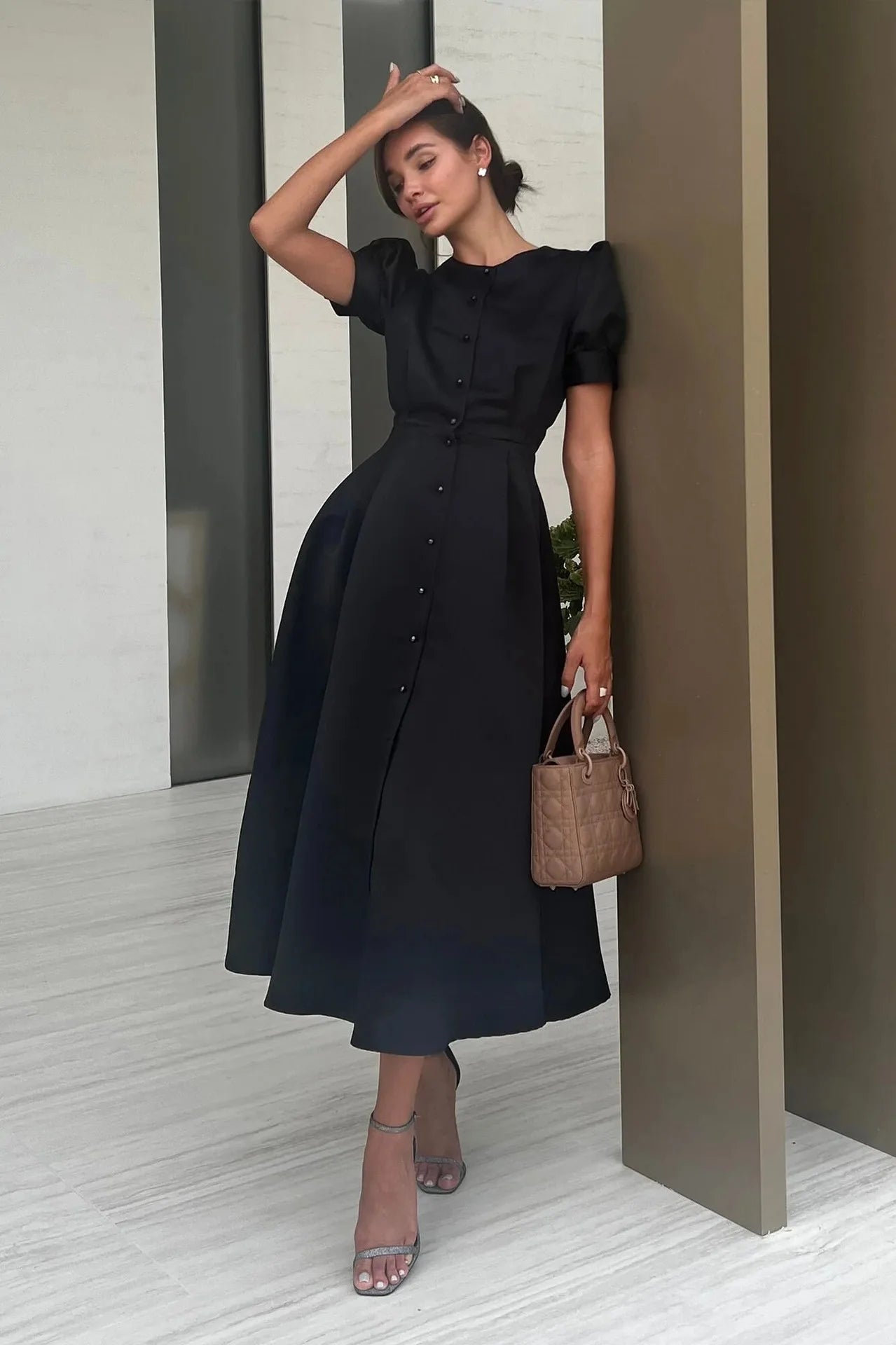 Button Midi Dress -Puff Sleeve