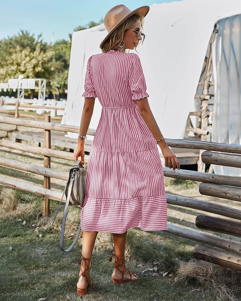 Striped Lantern Sleeve -Summer Dress