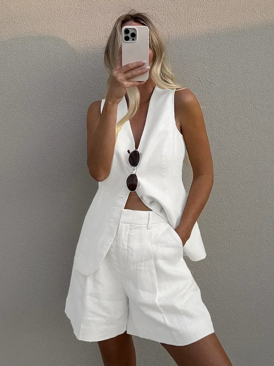 Cotton And Linen - Vest Shorts Set
